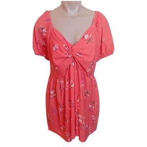 NWOT Plus‎ 2DYE4 Floral Mini Dress Smocked Twist Front Coral Boho Cottagecore 2X